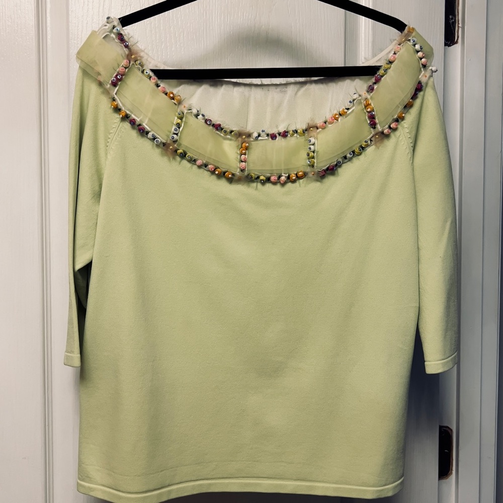 Dolce Cabo 3/4 sleeve embellished top w/ribbon & small flowers with beads center